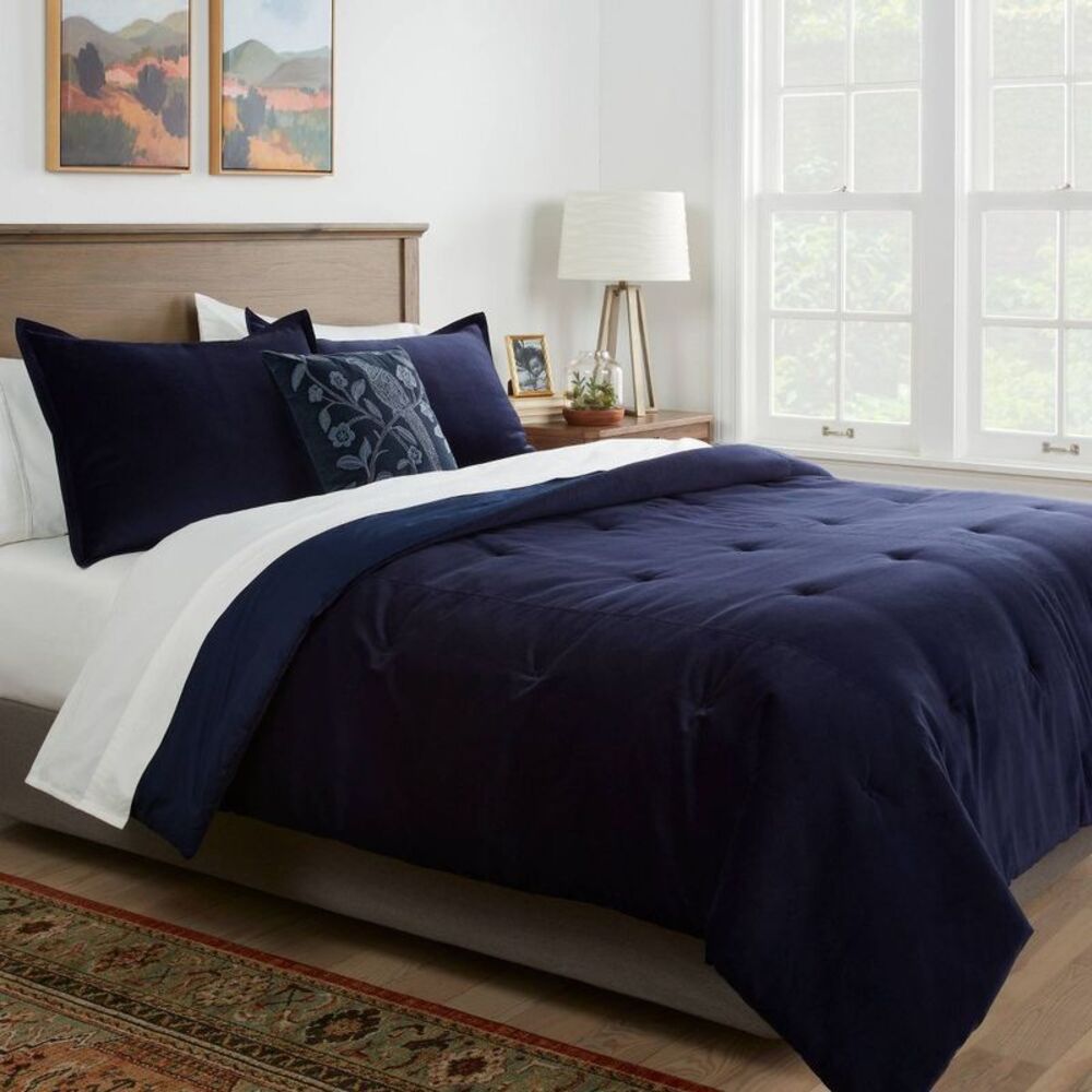 Full/Queen Luxurious Velvet Bedding Comforter Set - Navy Blue